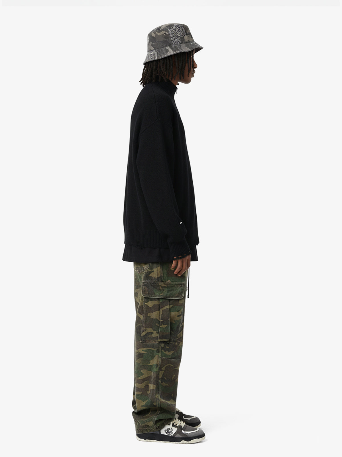 Woven Ripped Camouflage Flared Cargo Pants - 2410 
