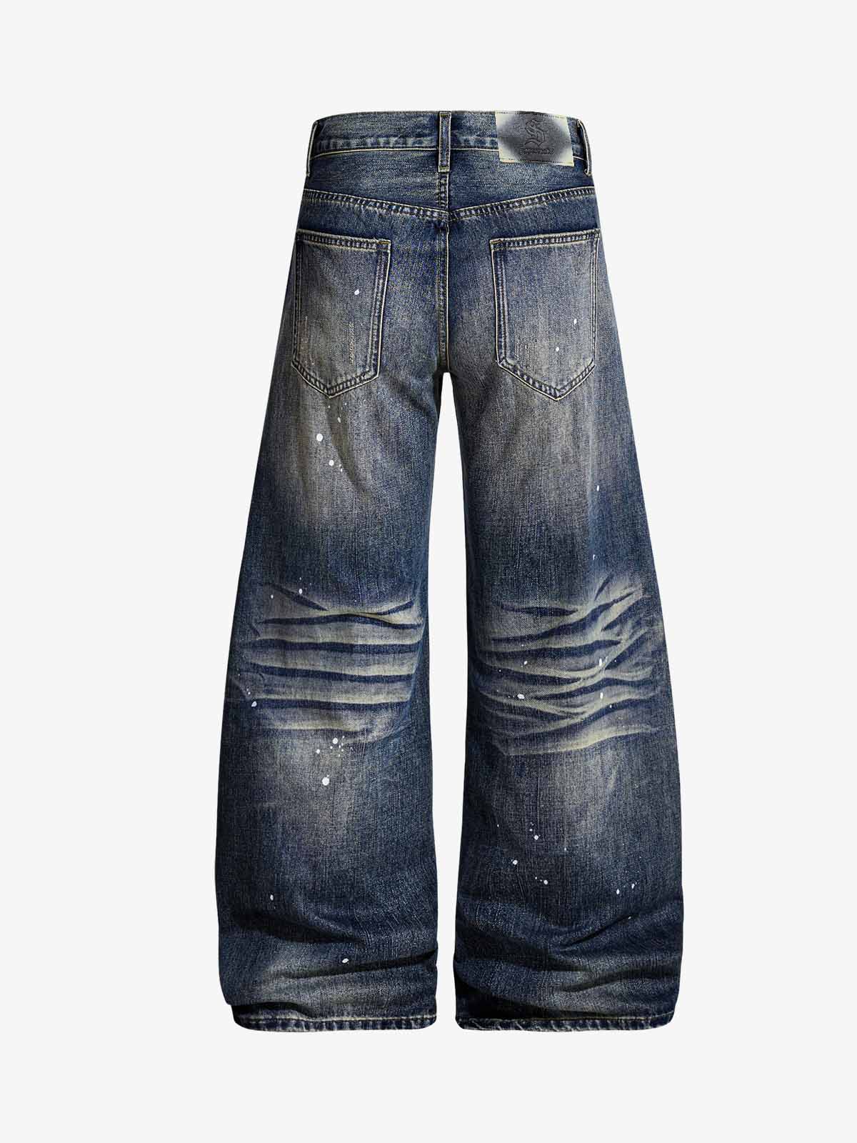 Washed Paint-Splatter Pleated Wide-Leg Barrel Jeans 