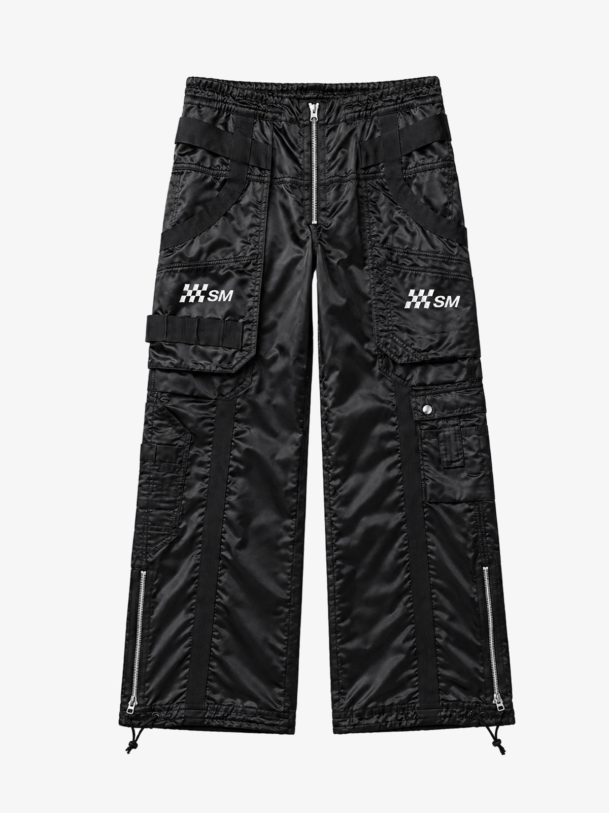 Multi-Pocket Zip Strap Glossy Nylon Moto Pants