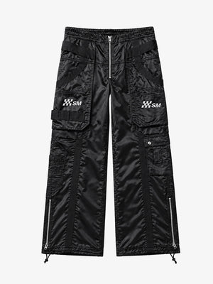 Multi-Pocket Zip Strap Glossy Nylon Moto Pants
