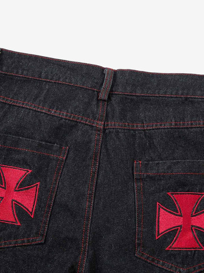 Thesupermade Contrast Thread Cross Letter Embroidered Jeans 