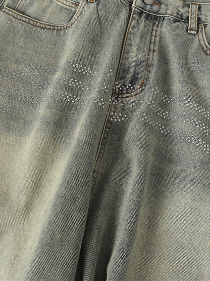 Retro Denim Rhinestone Striped Baggy Jeans 