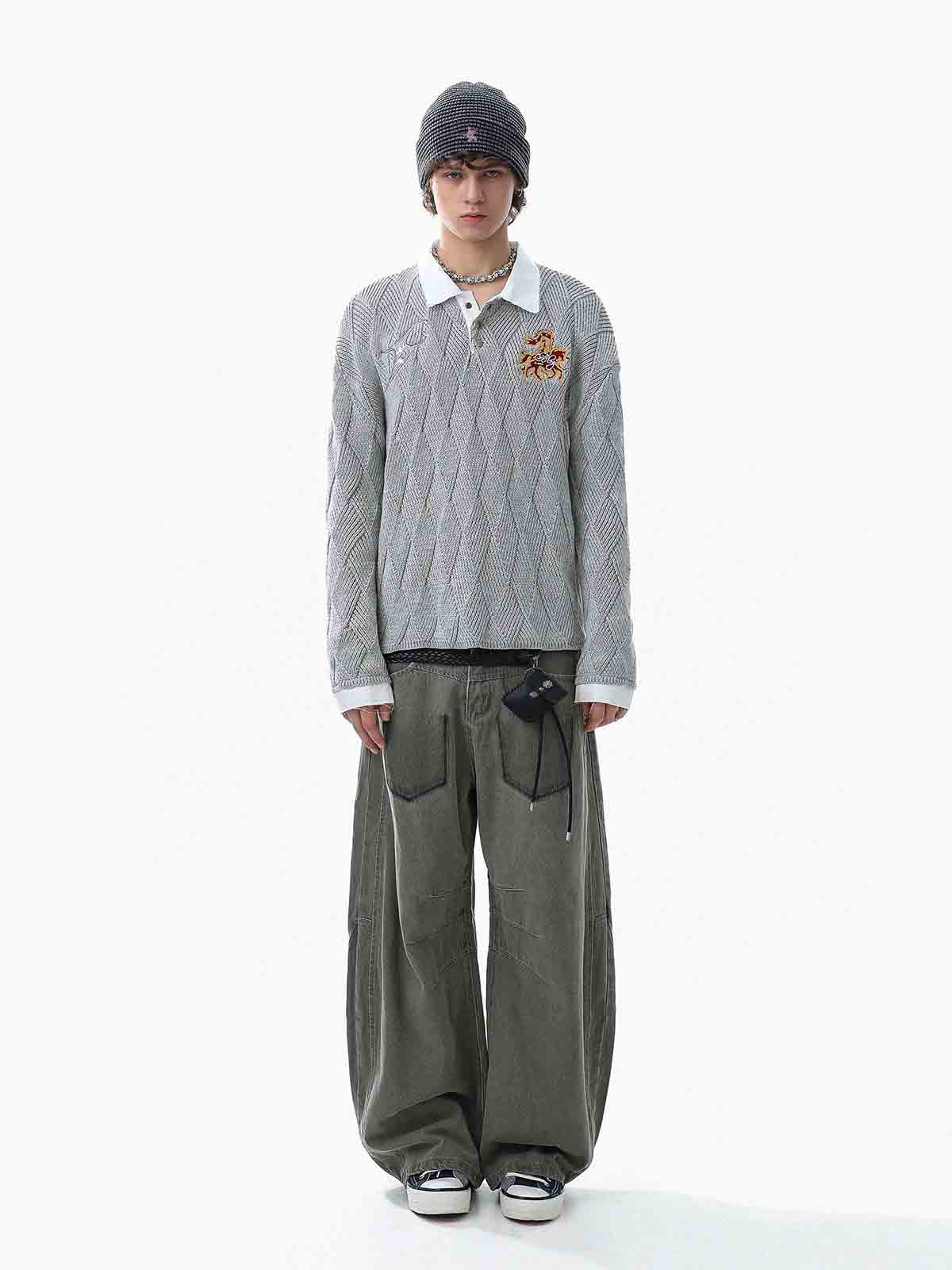 Retro Contrast Collar Embroidery Knit Sweater 