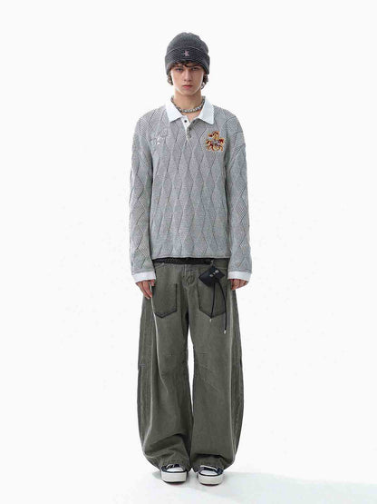 Retro Contrast Collar Embroidery Knit Sweater 