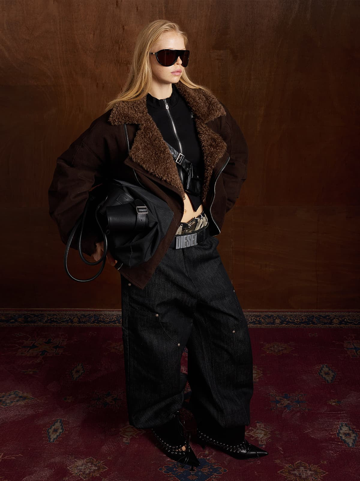 Thesupermade Oblique Zipper Design Lambswool Collar Quilted Jacket 