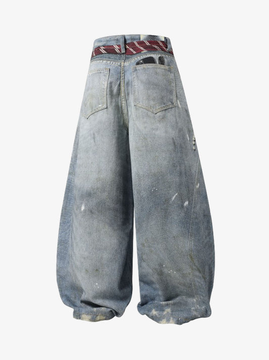 Denim Wide Leg Baggy Jeans with Tie and Pearl Chain Detail for Women Fashion Streetwear 