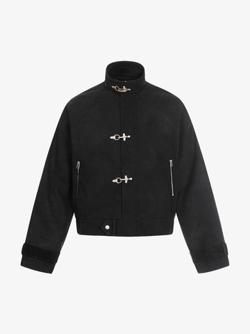 Textured Faux Leather Stand Collar Metal Buckle Jacket 