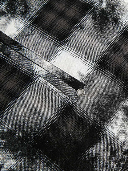 Washed Cotton Plaid Long Sleeve Shirt with Distressed Pattern and Chest Pocket 