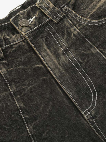 Washed Black Denim Wide Leg Jeans with Distressed Texture for Men 