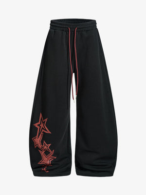 Retro Star Print Drawstring Wide-Leg Barrel Sweatpants 