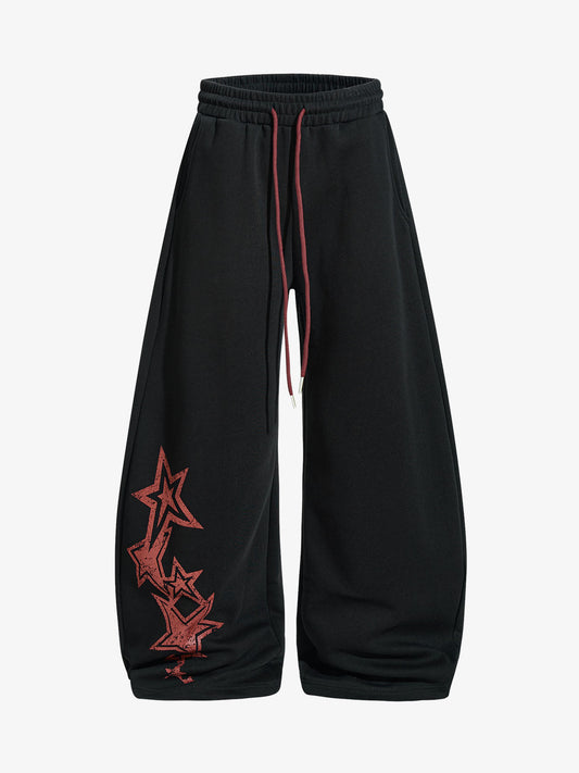 Retro Star Print Drawstring Wide-Leg Barrel Sweatpants 