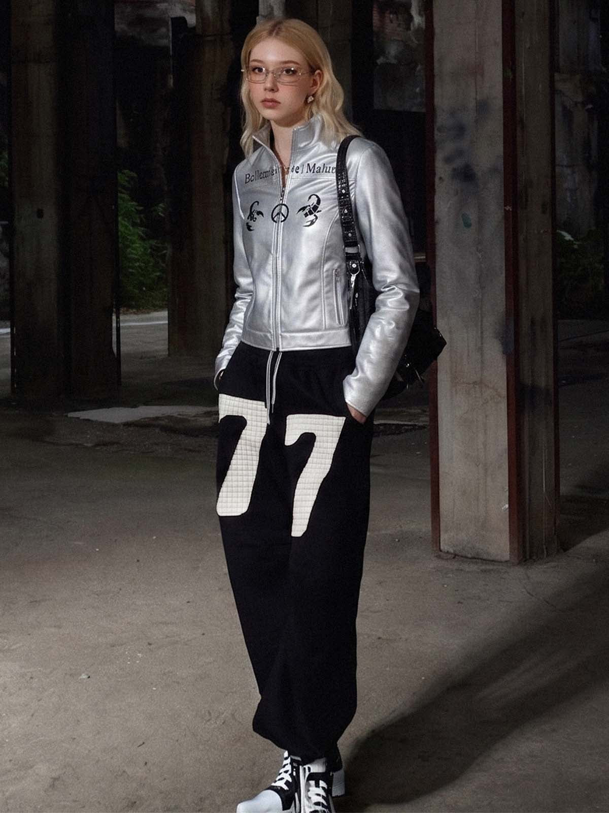 Graphic Stand-Collar Faux Leather Zip Jacket