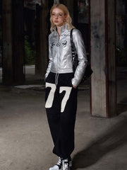 Graphic Stand-Collar Faux Leather Zip Jacket
