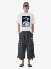 Plaid Linen-Blend Distressed Cargo Cropped Pants 