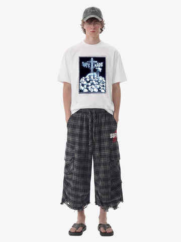 Plaid Linen-Blend Distressed Cargo Cropped Pants 