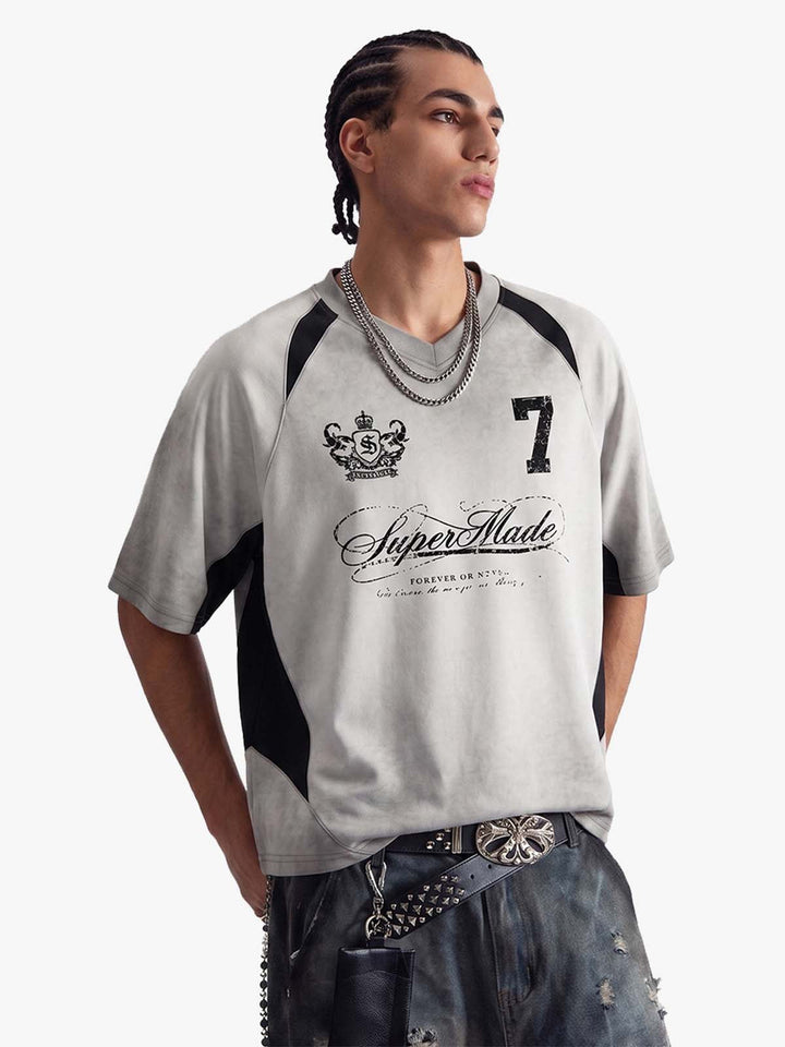 Faux Suede Panel Graphic T-Shirt