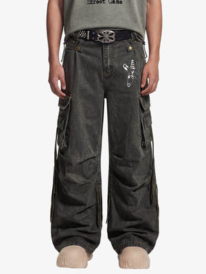 Washed Safety Pin Graphic Cargo Pants 