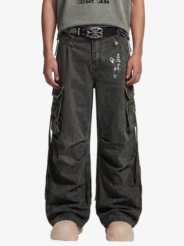 Washed Safety Pin Graphic Cargo Pants 