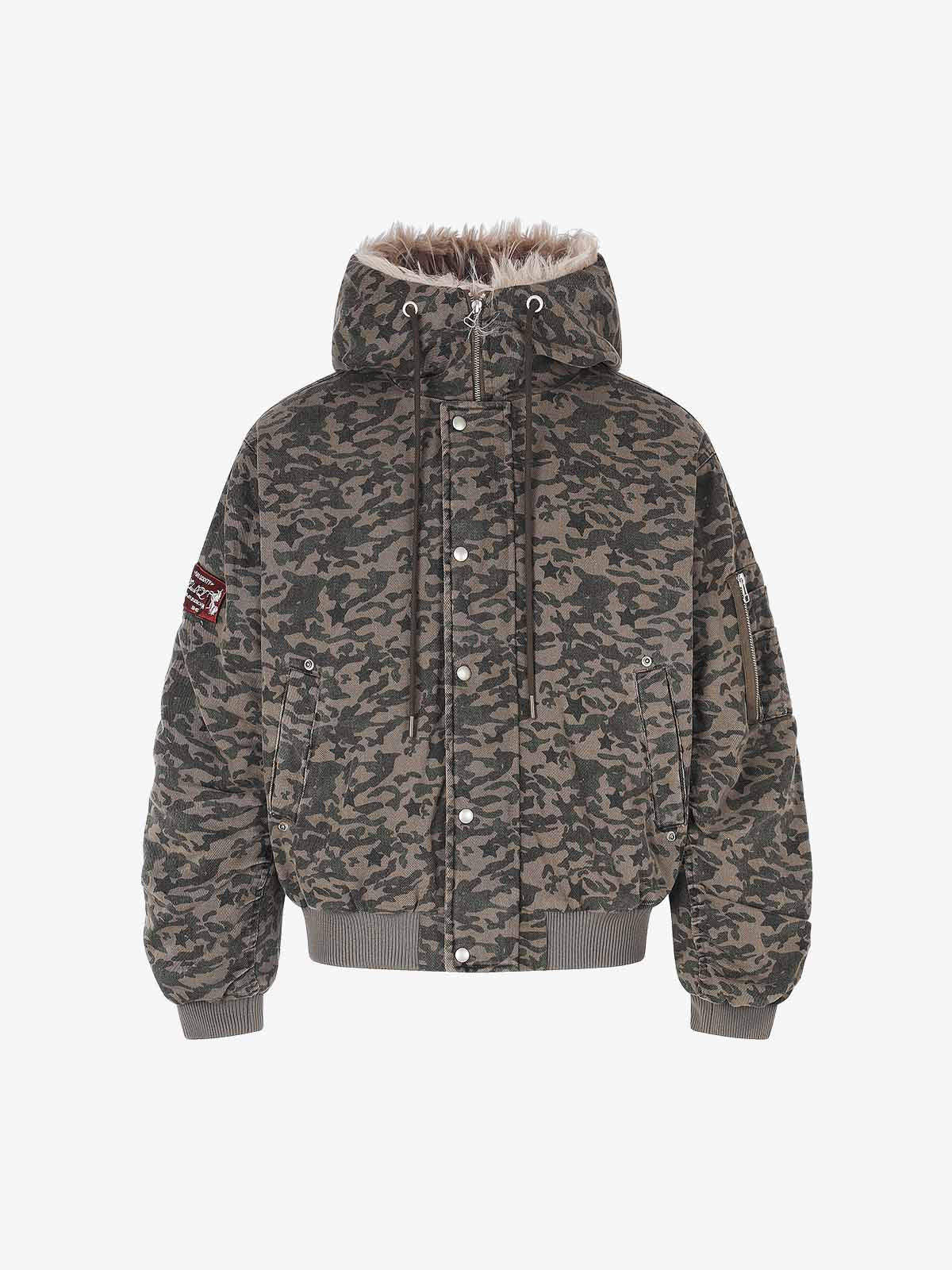 Street Style Fur Collar Camouflage Hooded Coat