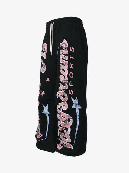Retro Graphic Fleece-Lined Baggy Sweatpants 