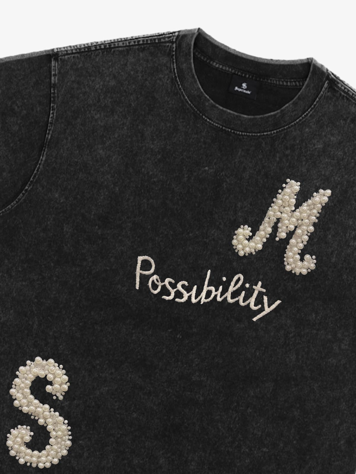 Vintage Washed Pearl Letter Graphic T-Shirt 