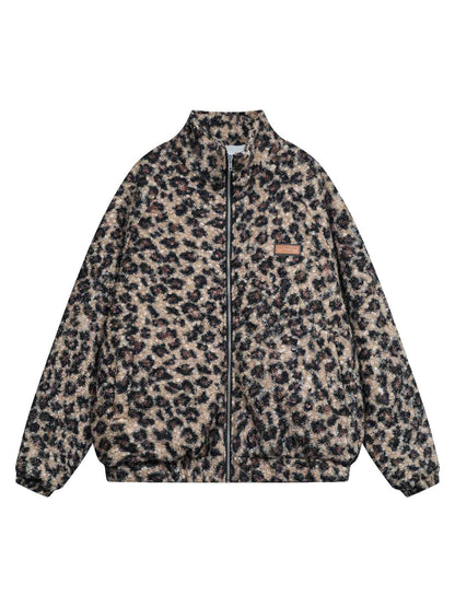 Stand Collar Cheetah Print Fleece Jacket 