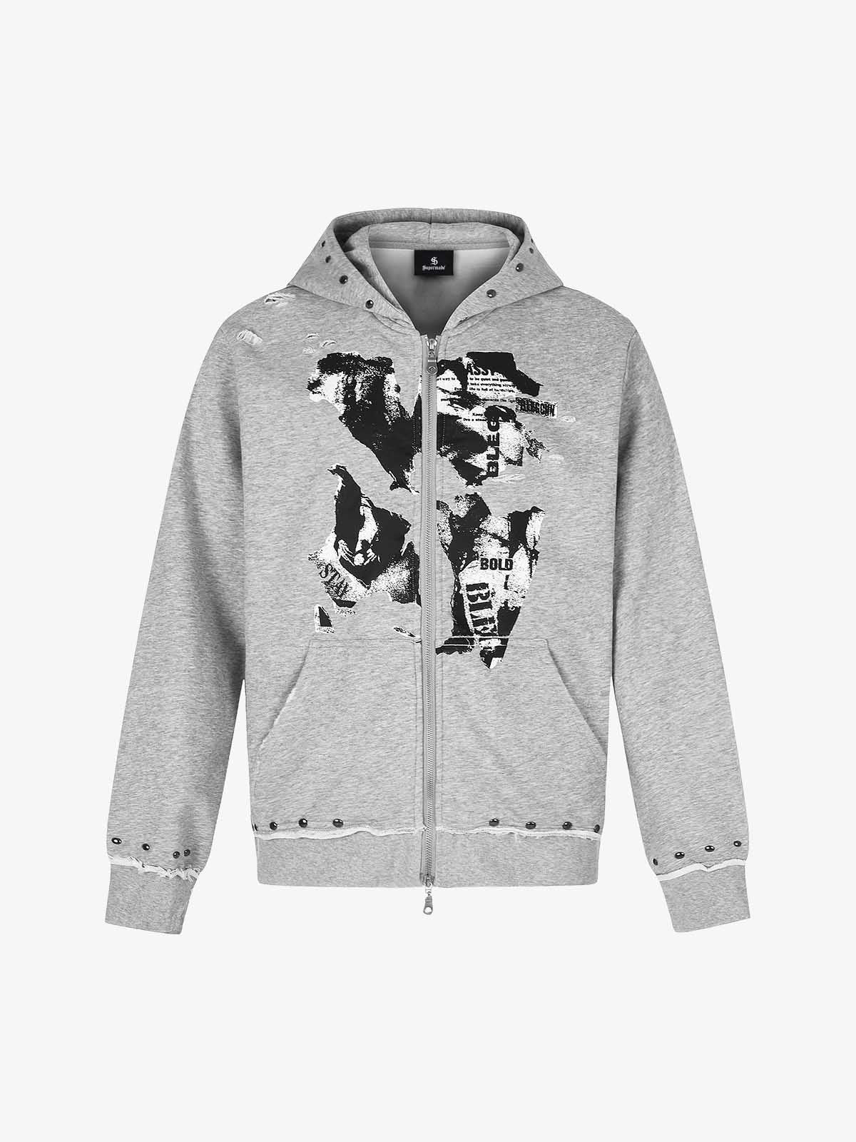 Studded Zip-Up Hooded Sweatshirt Jacket