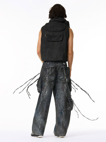 Distressed Cargo Denim Pants with Star Belt - Perfect for Edgy Street Style 