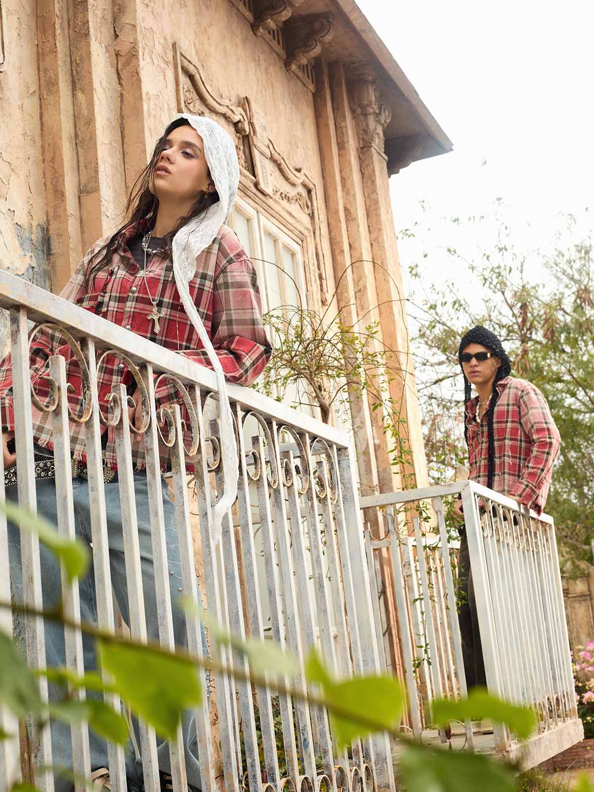 Paint Splatter Plaid Frayed Hem Button Up Shirt 