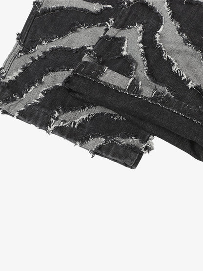 Frayed Zebra Striped Patchwork Wide Leg Jeans 