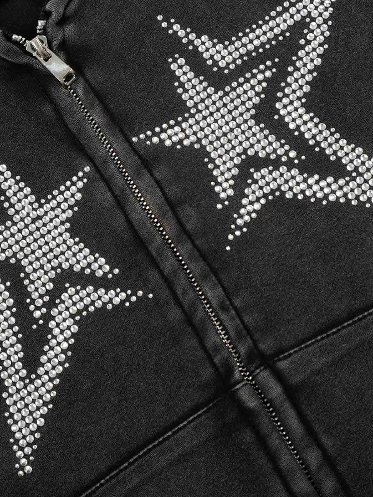 Vintage Washed Symmetrical Star Rhinestone Zip-Up Hoodie