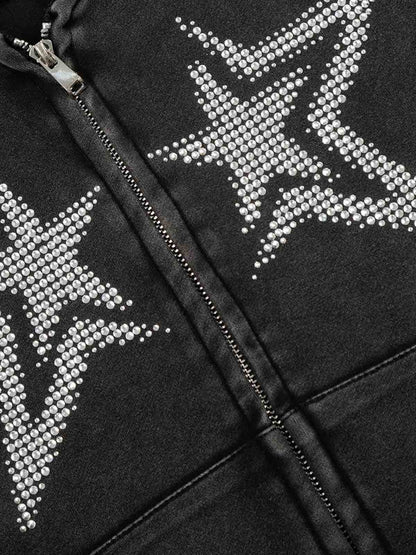 Vintage Washed Symmetrical Star Rhinestone Zip-Up Hoodie