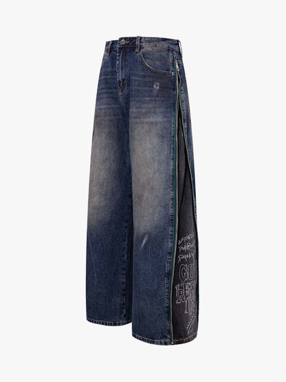 Wide-Leg Denim Jeans with Unique Zipper Design and Graffiti Artwork 
