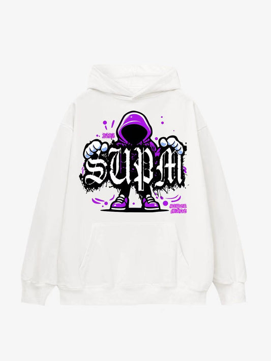 White Hoodie with Purple Graphic Design 