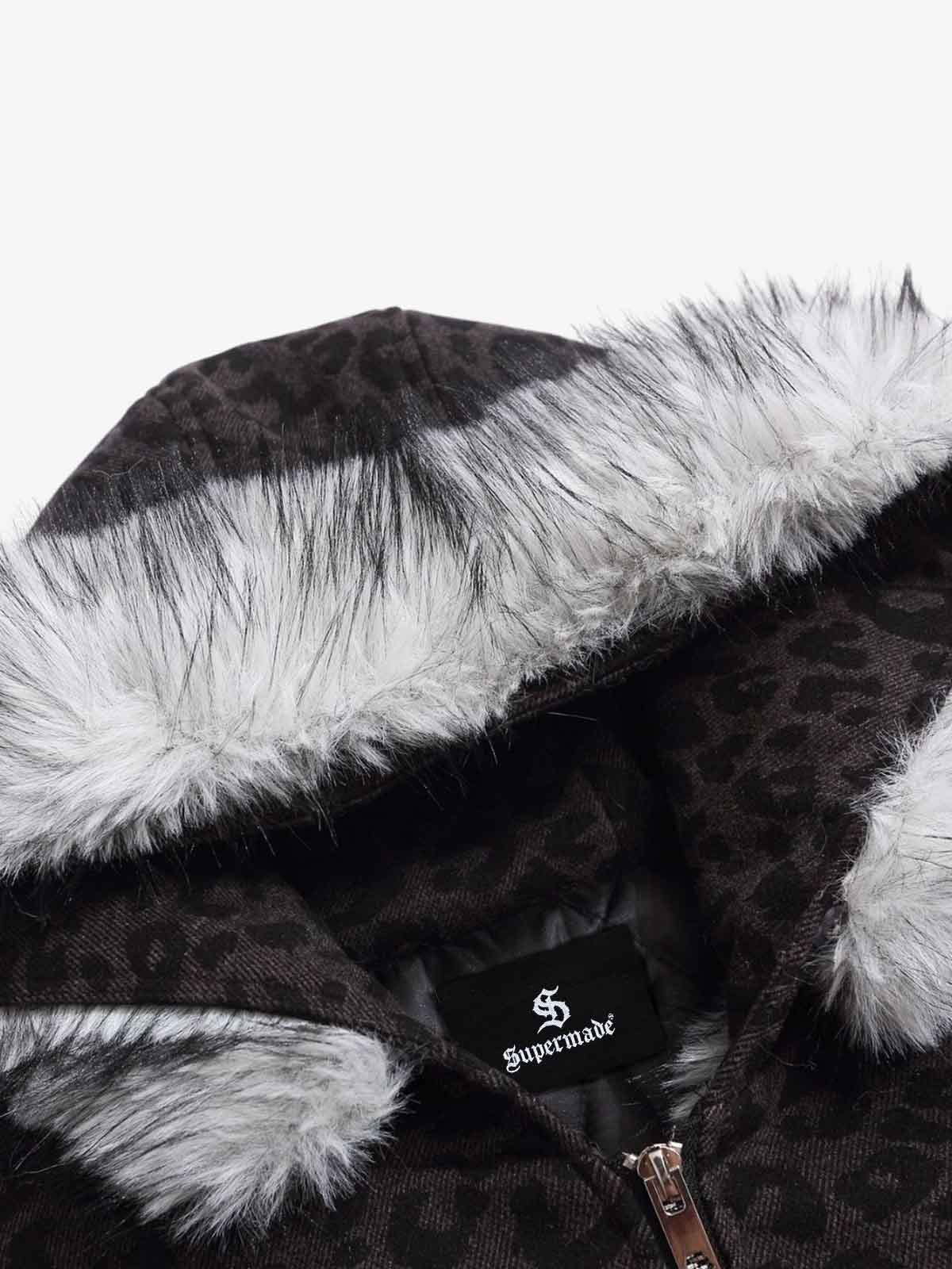Retro Faux Fur Trimmed Hood Leopard Print Bomber Jacket 