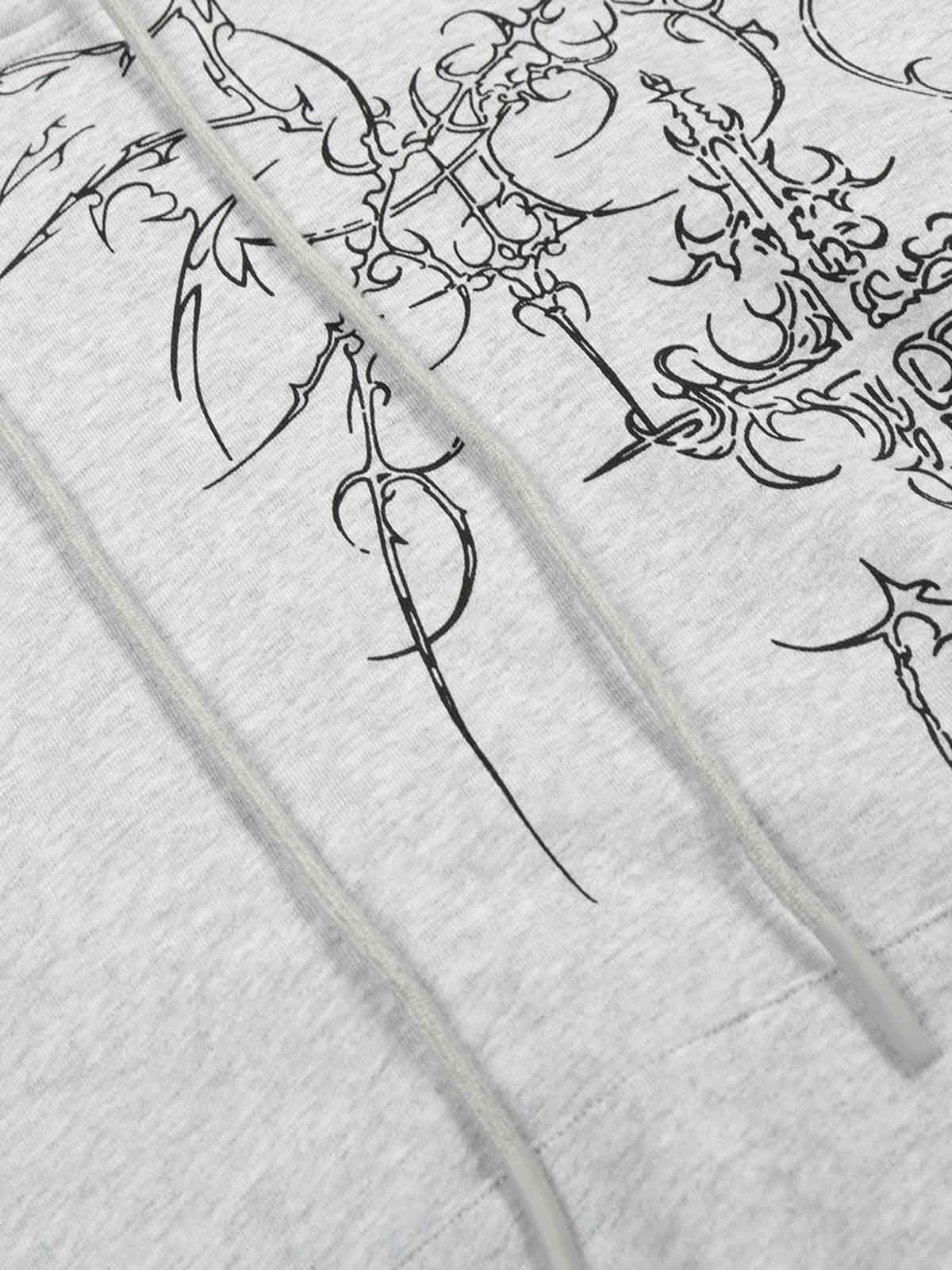 Floral Line Art Studded Pocket Hoodie