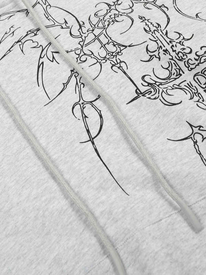 Floral Line Art Studded Pocket Hoodie