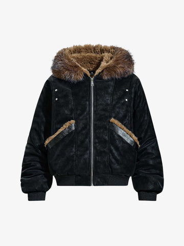 Retro Detachable Faux Fur Collar Suede Fleece Hoodie Jacket 