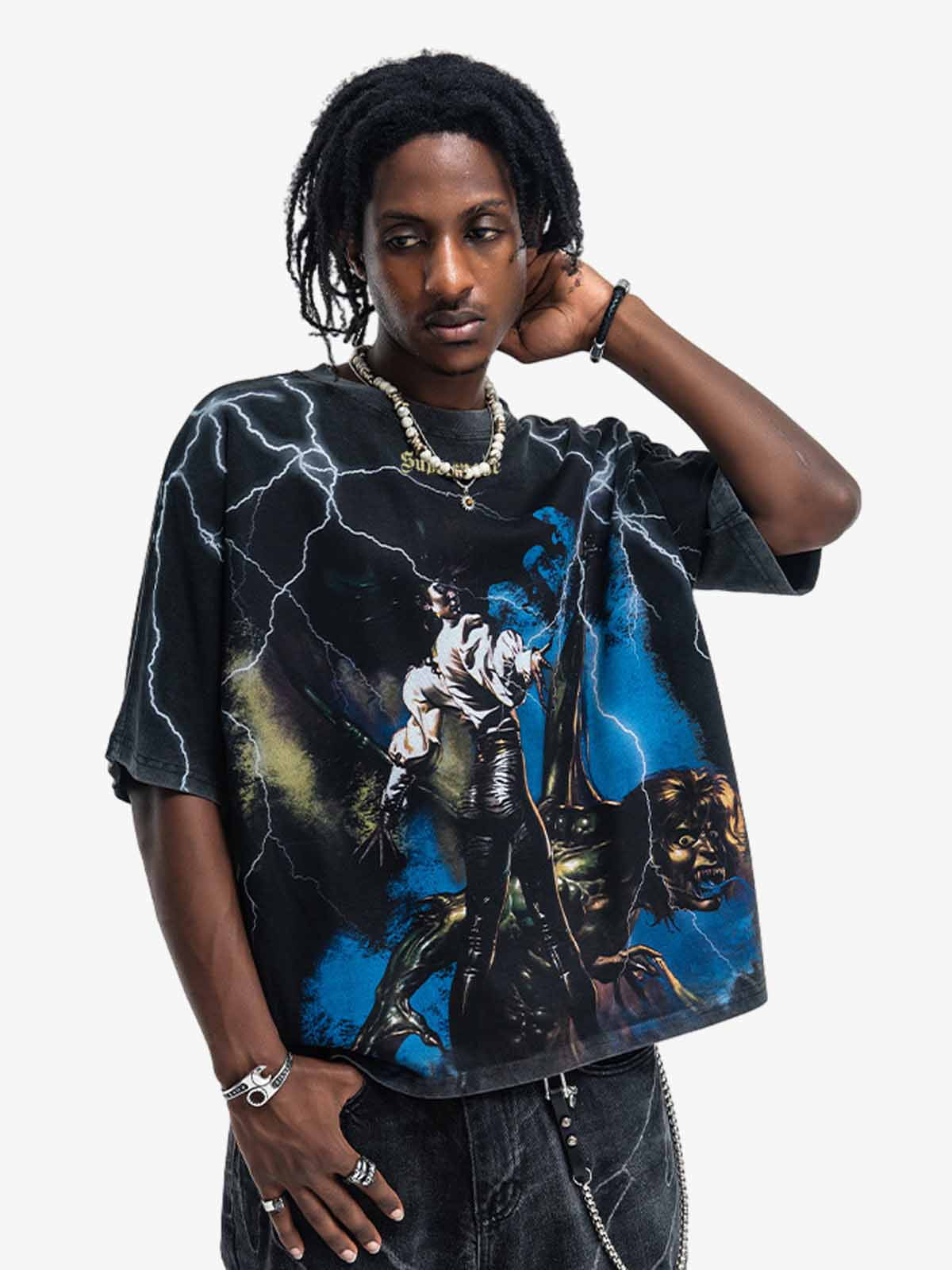 300G Jade Pattern Dyed Cotton T-Shirt with Lightning Graphic Print Oversized Streetwear Tee 