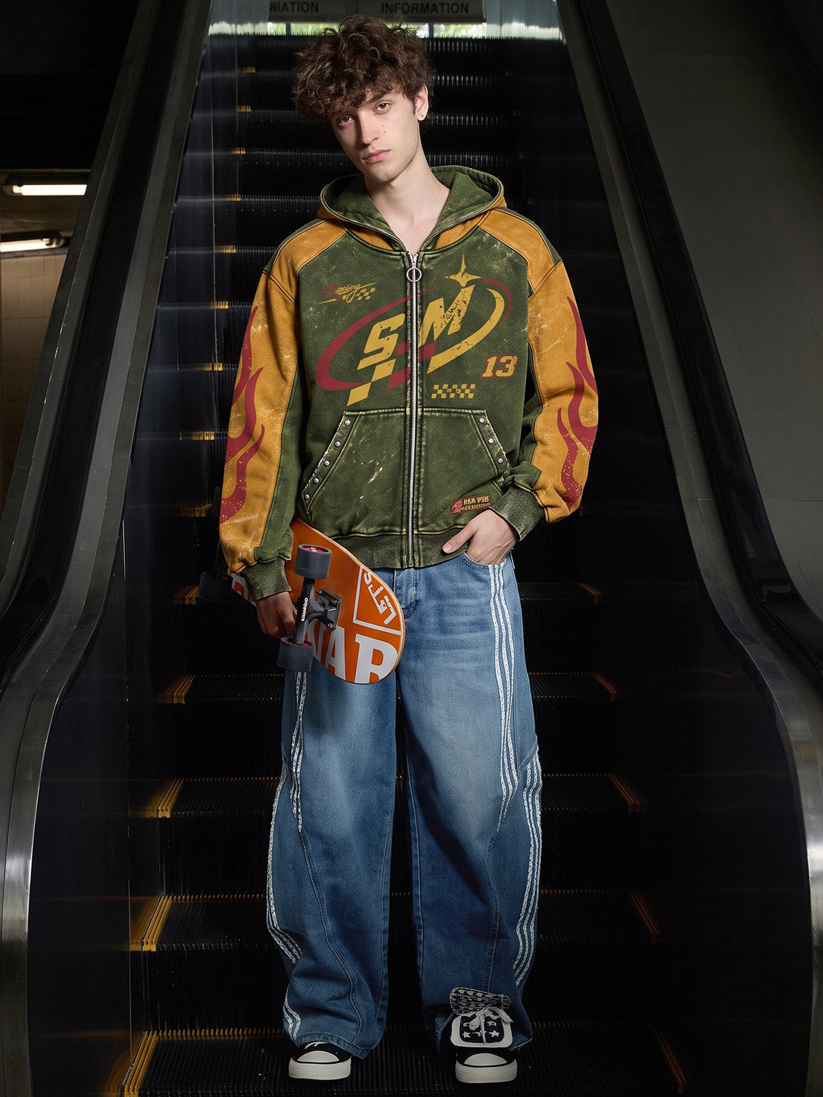 Washed Flame Graphic Zip-Up Hoodie