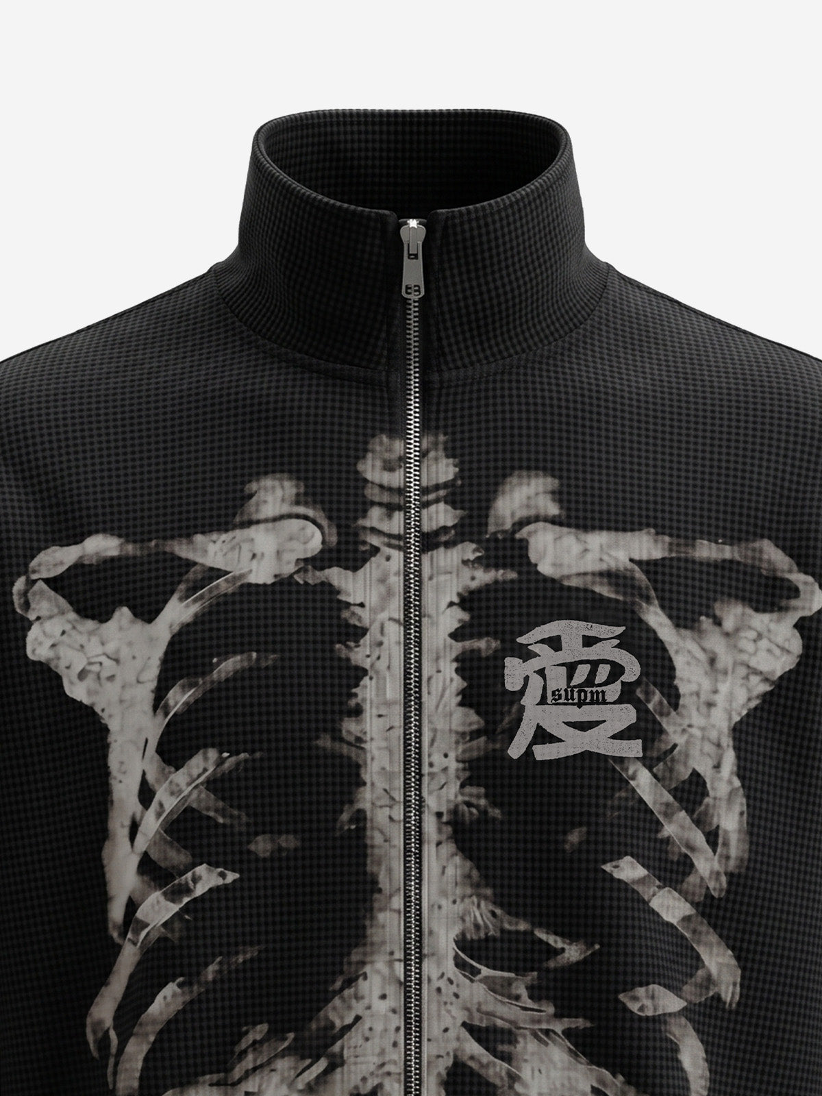 Skull Graphic Waffle Double-Zip Stand-Collar Sweatshirt