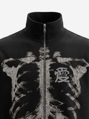 Skull Graphic Waffle Double-Zip Stand-Collar Sweatshirt