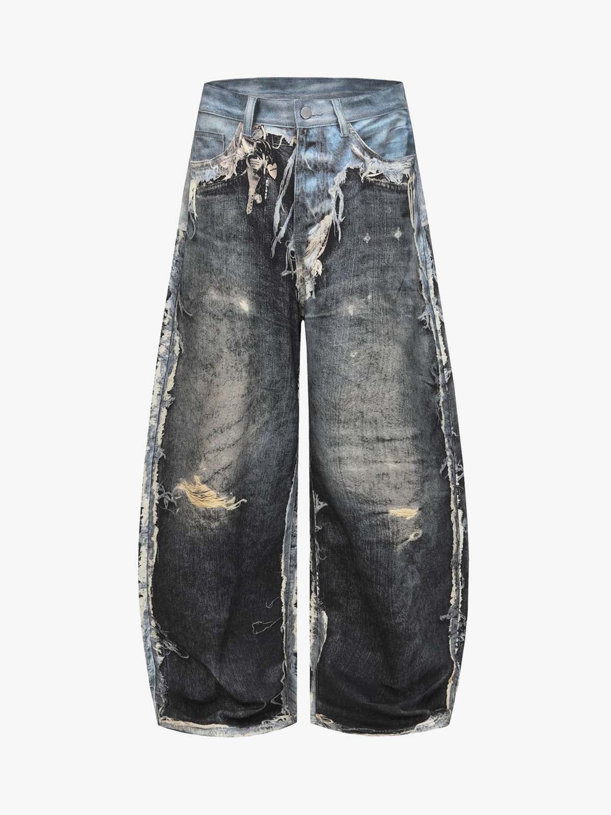 Distressed Denim Wide Leg Pants with Ripped Details and Faded Wash 