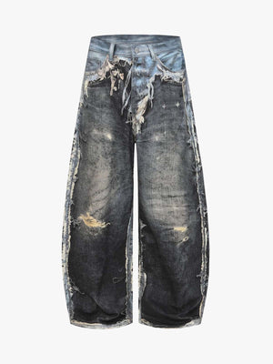 Distressed Denim Wide Leg Pants with Ripped Details and Faded Wash 