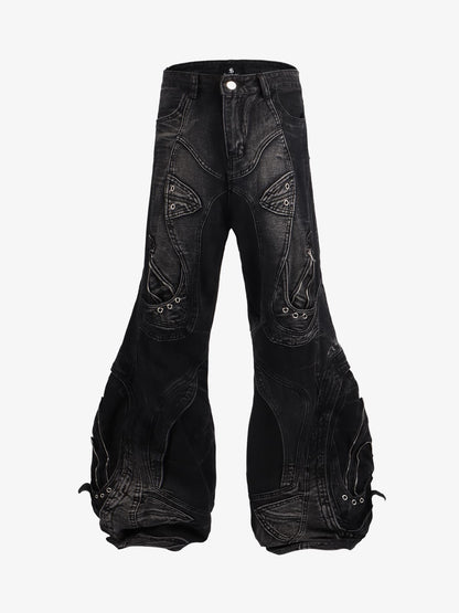 Vintage Distressed Curved Blade Barrel Jeans 