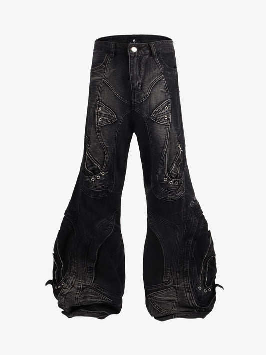 Vintage Distressed Curved Blade Barrel Jeans 