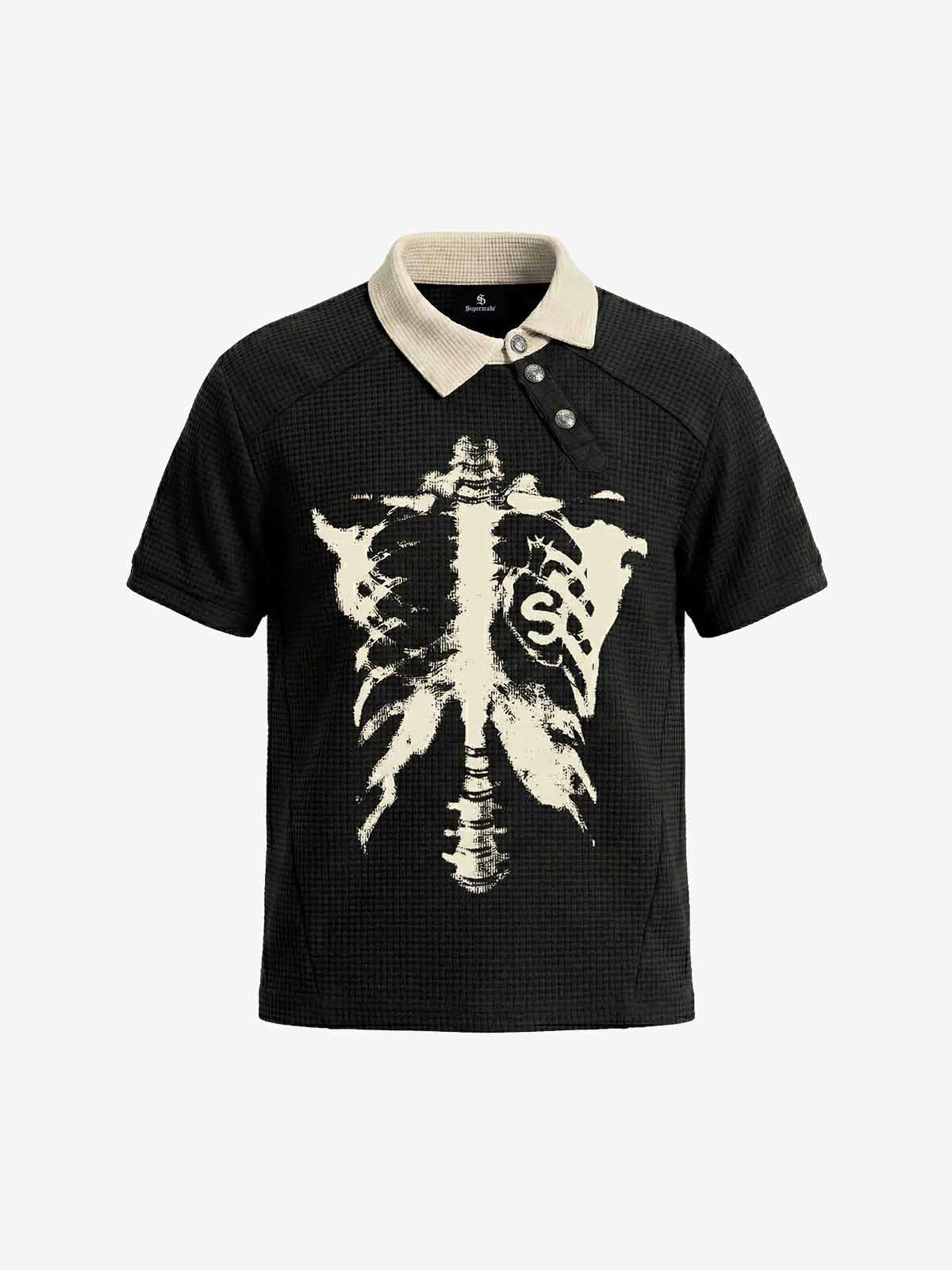 Skeleton Ribcage Graphic Print Asymmetric Button Polo Shirt 