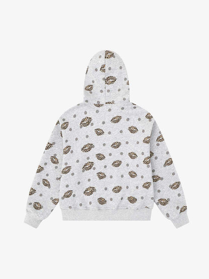Lips Leopard Print Cropped Zip-Up Hoodie