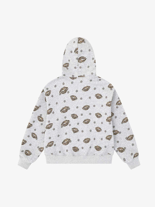 Lips Leopard Print Cropped Zip-Up Hoodie