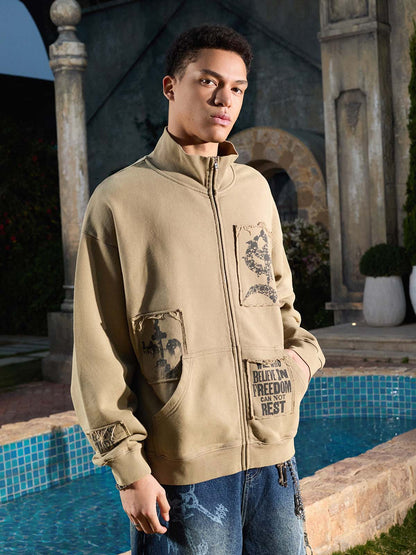 Cotton Blend Patchwork Bomber Jacket with Graphic Embroidery and Zipper Closure 